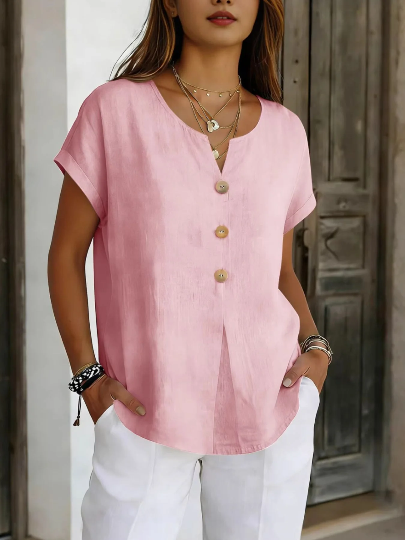 Decor Button Short Sleeve Blouse - Image 4