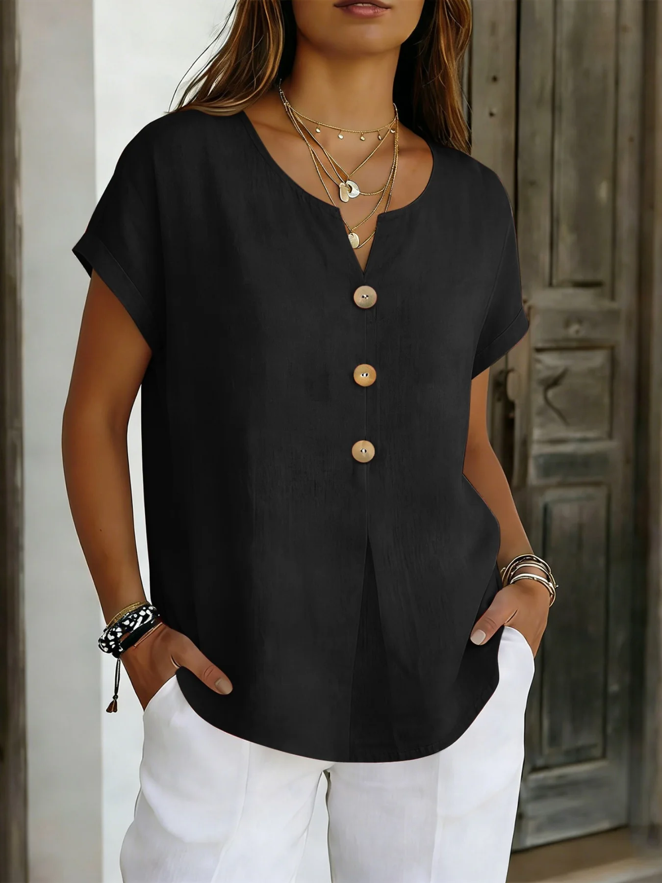 Decor Button Short Sleeve Blouse - Image 7
