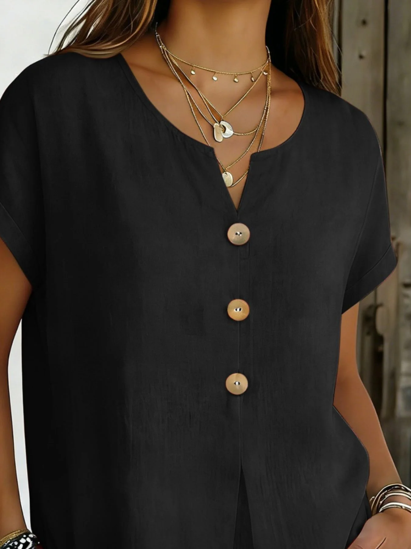 Decor Button Short Sleeve Blouse - Image 9