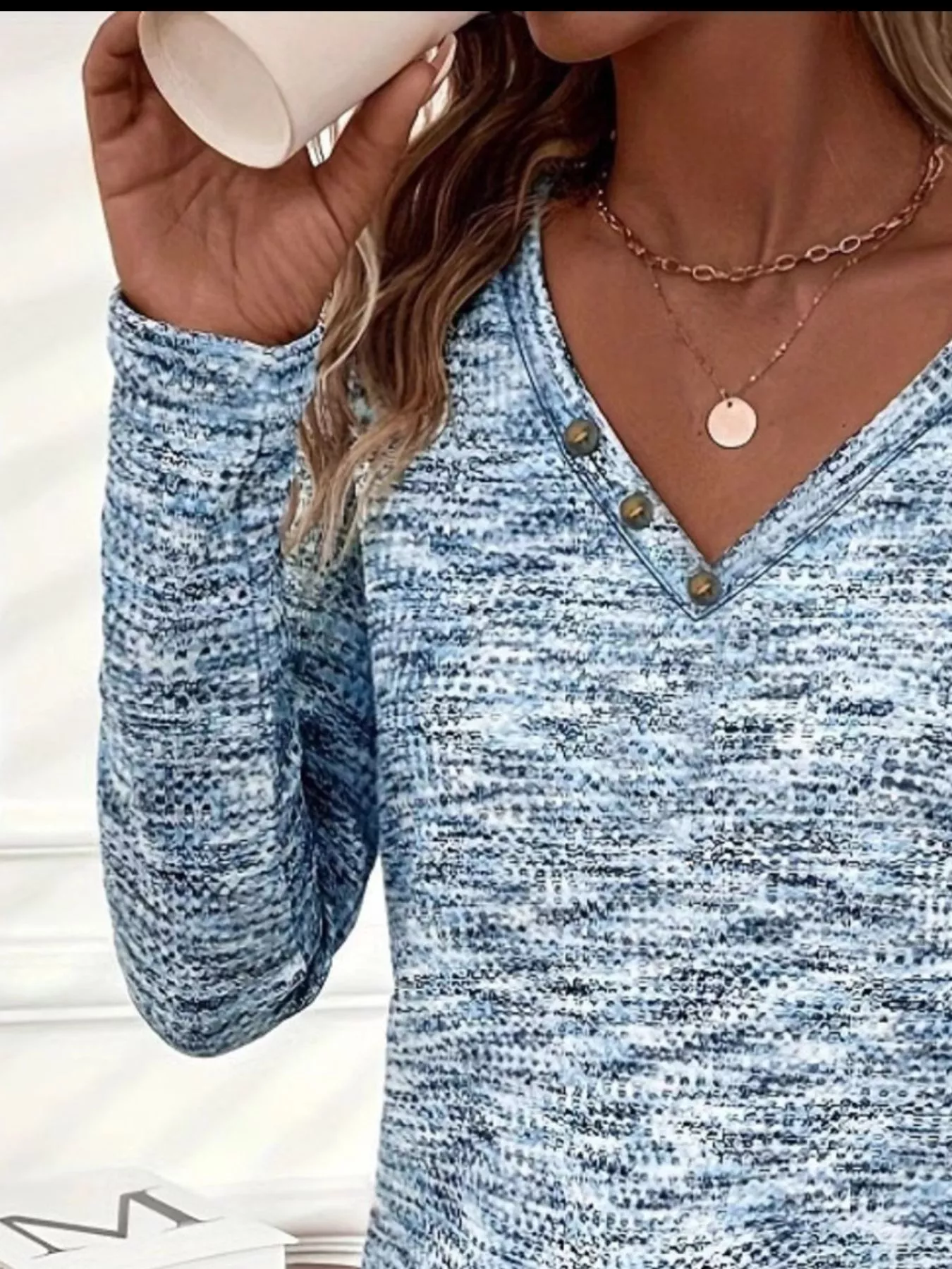 Decor Button V-Neck Long Sleeve Top - Image 10
