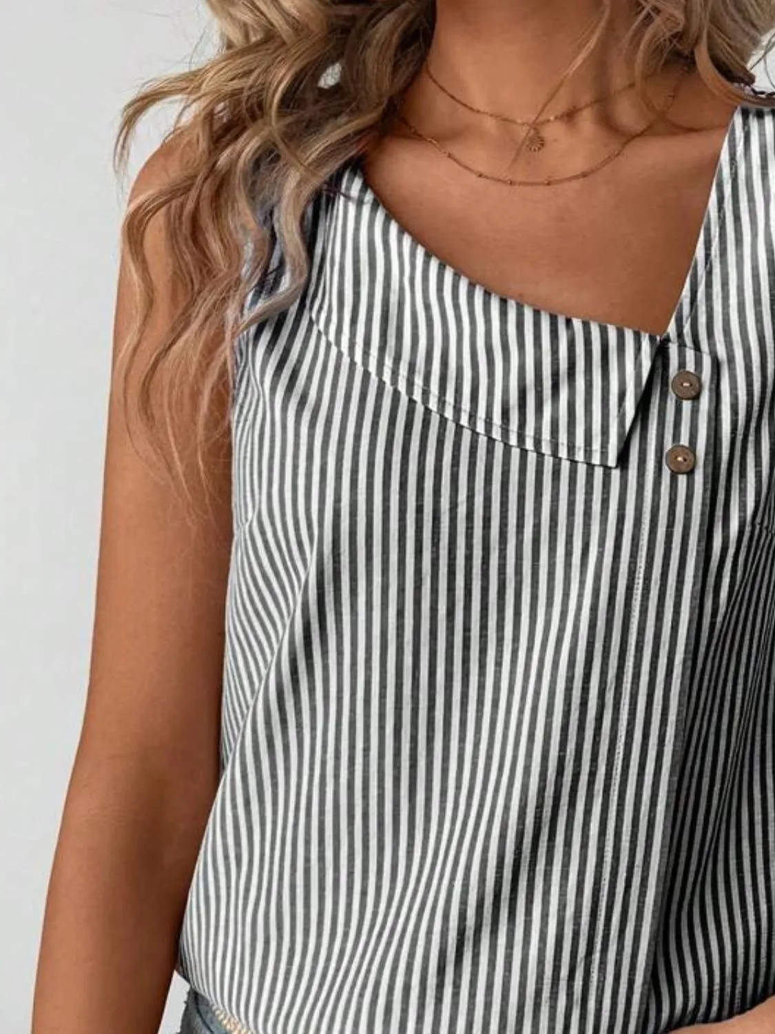 Decorative Button Asymmetrical Striped Tank - Image 17