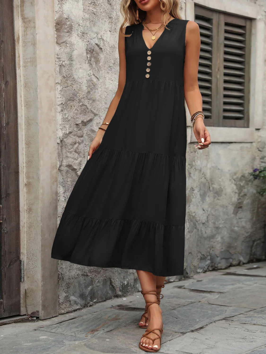 Decorative Button Notched Sleeveless Dress - Image 13