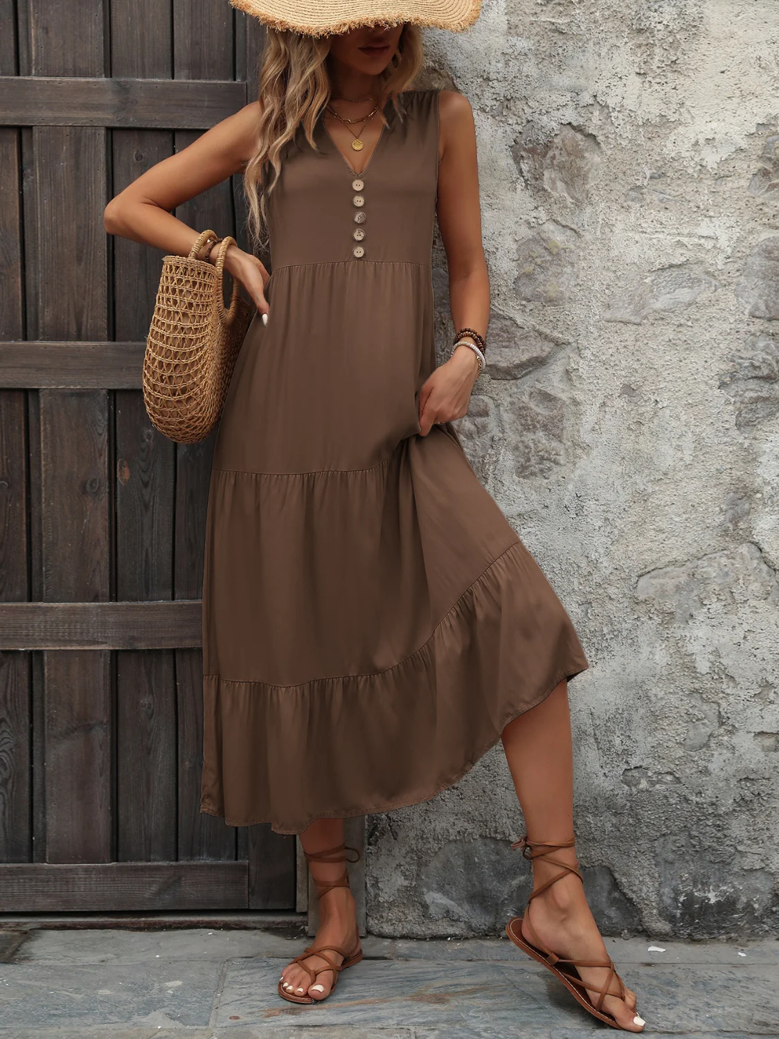 Decorative Button Notched Sleeveless Dress - Image 17