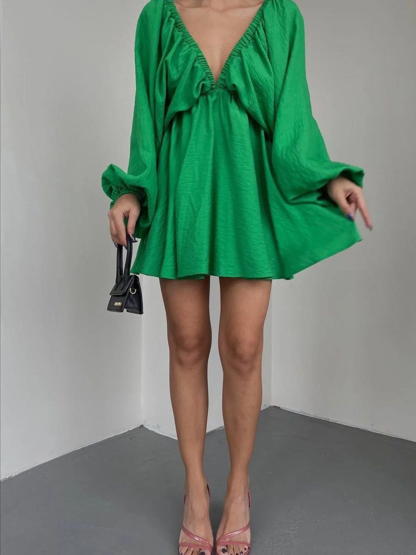 Deep V-Neck Balloon Sleeve Dress - Image 13