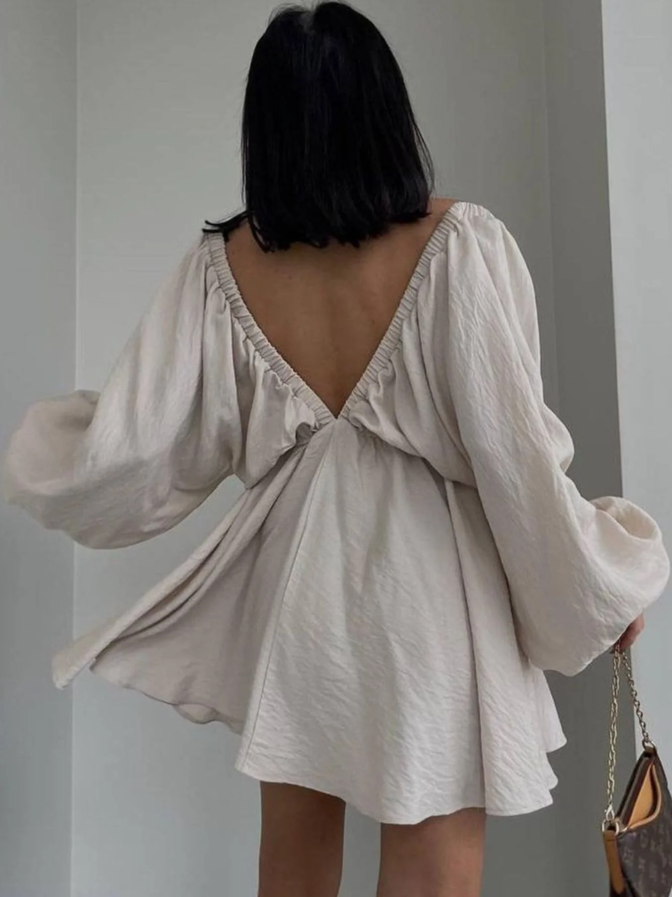 Deep V-Neck Balloon Sleeve Dress - Image 5