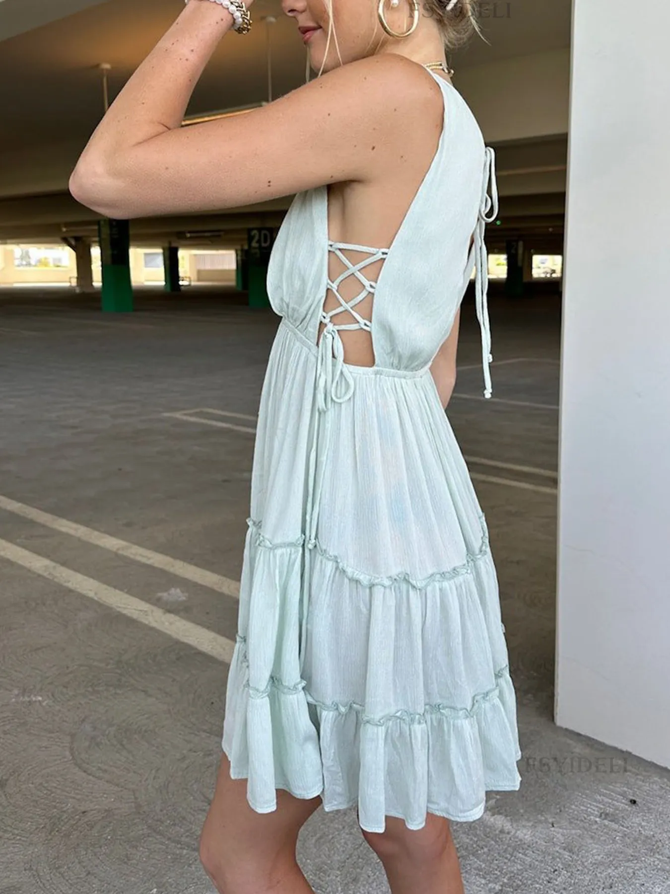 Deep V-Neck Tiered Mini Dress - Image 14
