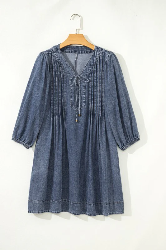 Denim 3/4 Sleeve Tied V-Neck Pleated Mini Dress - Image 11