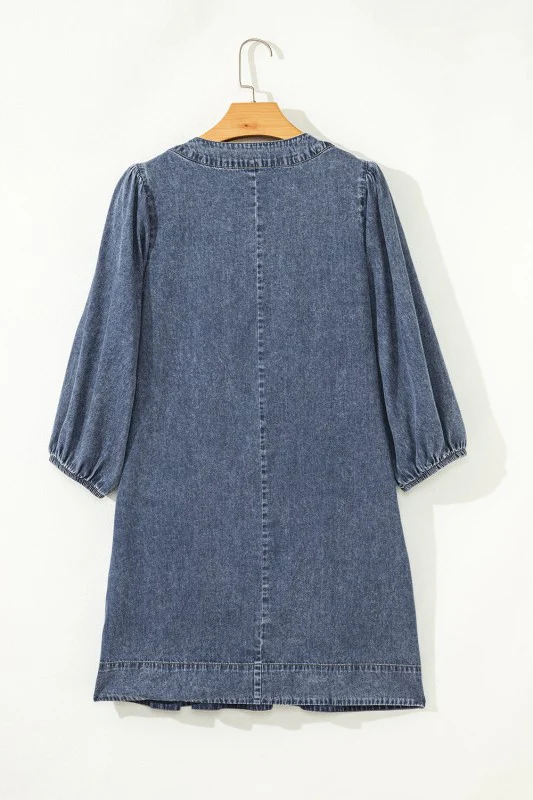 Denim 3/4 Sleeve Tied V-Neck Pleated Mini Dress - Image 13