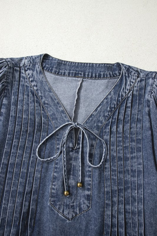 Denim 3/4 Sleeve Tied V-Neck Pleated Mini Dress - Image 16