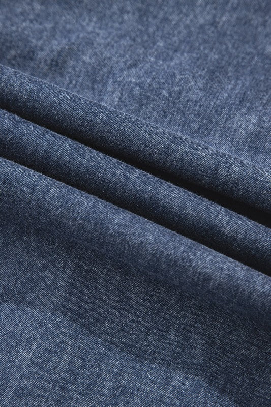Denim 3/4 Sleeve Tied V-Neck Pleated Mini Dress - Image 18