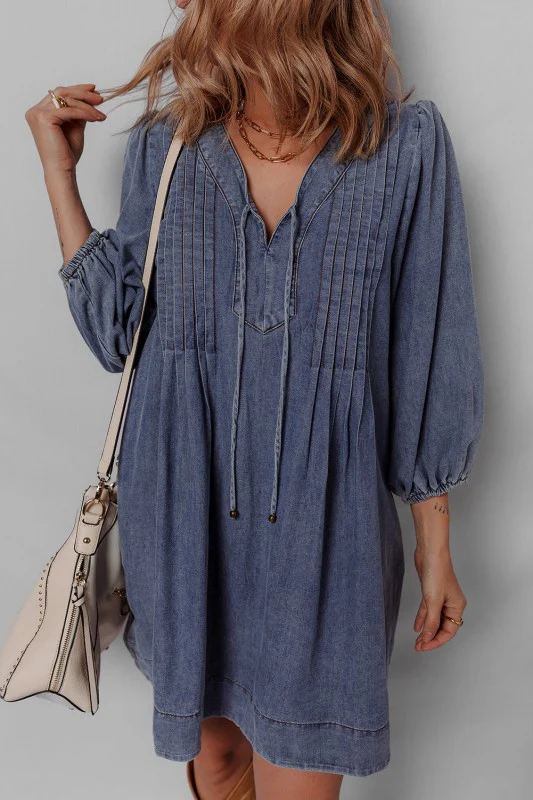 Denim 3/4 Sleeve Tied V-Neck Pleated Mini Dress - Image 6
