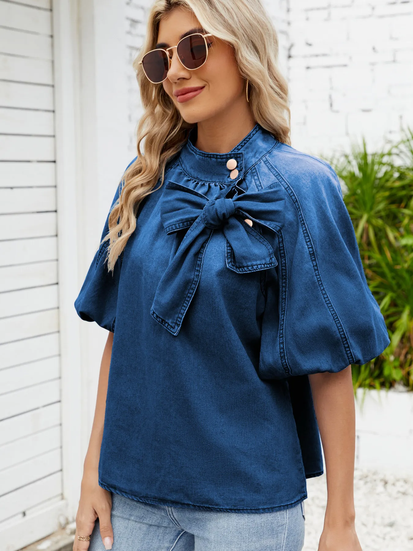 Denim Bow Tie Puff Sleeve Top - Image 2