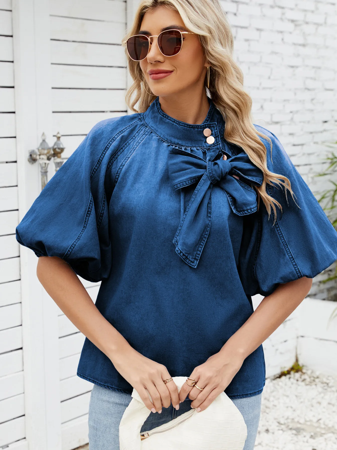 Denim Bow Tie Puff Sleeve Top - Image 3