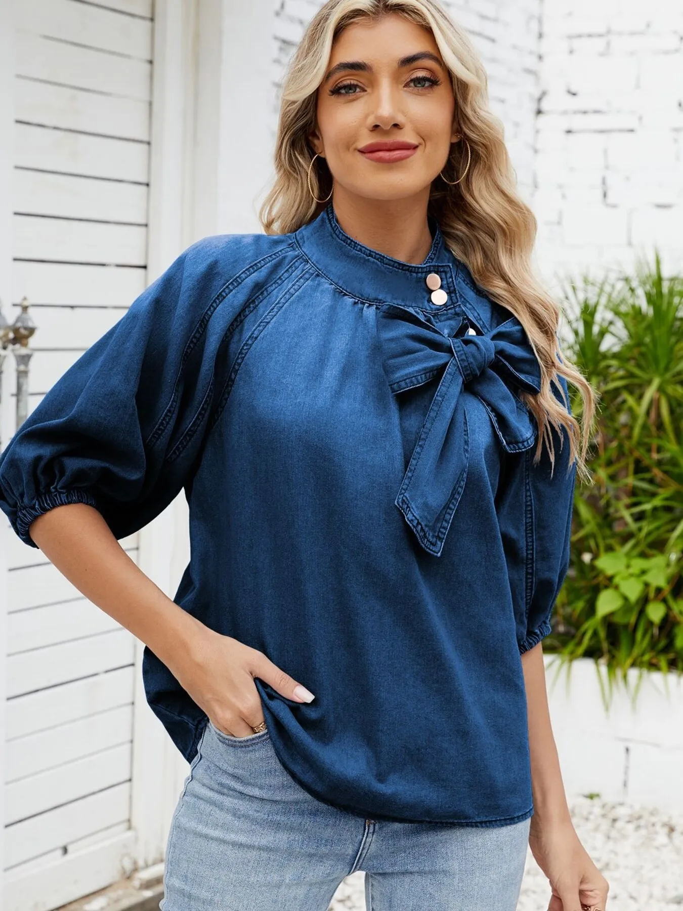 Denim Bow Tie Puff Sleeve Top - Image 4