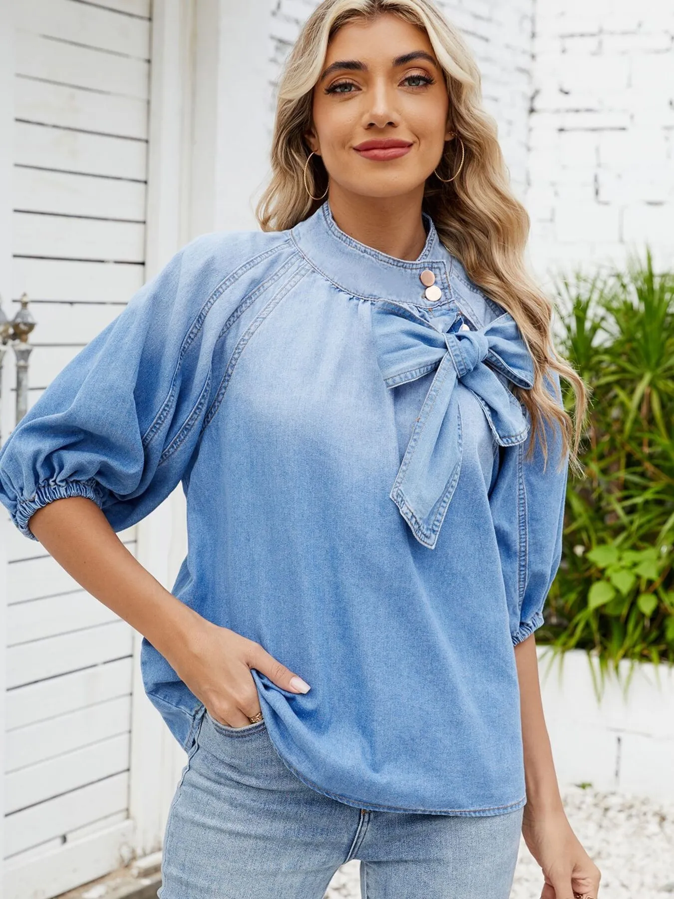 Denim Bow Tie Puff Sleeve Top - Image 9