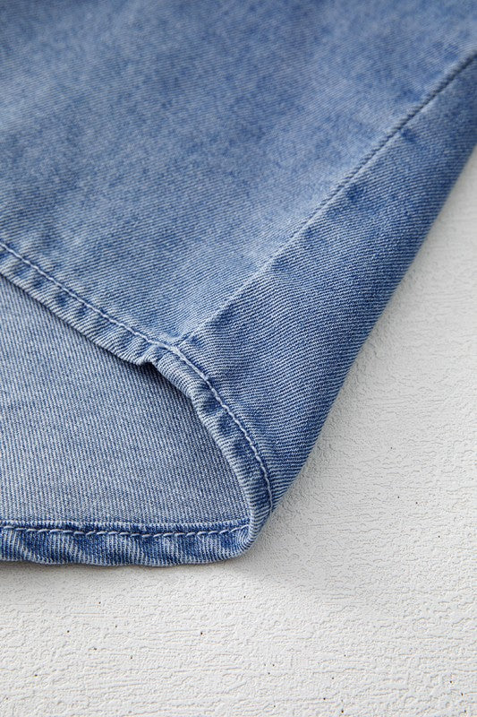 Denim Front Pintuck Bow Tie Puff Sleeve Top - Image 2