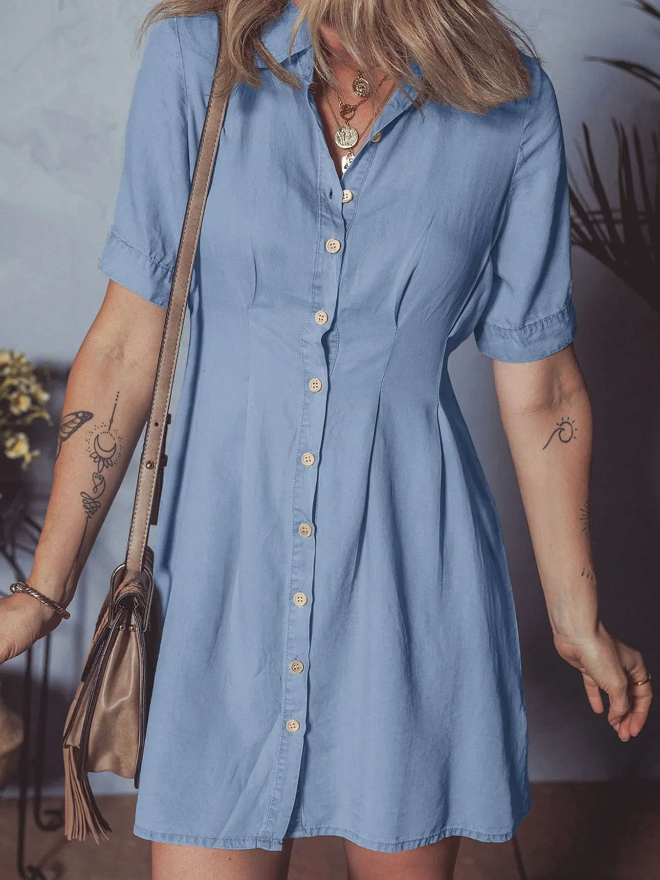 Denim Pleated Slim Waist Short Sleeve Shirt Dress - Image 5