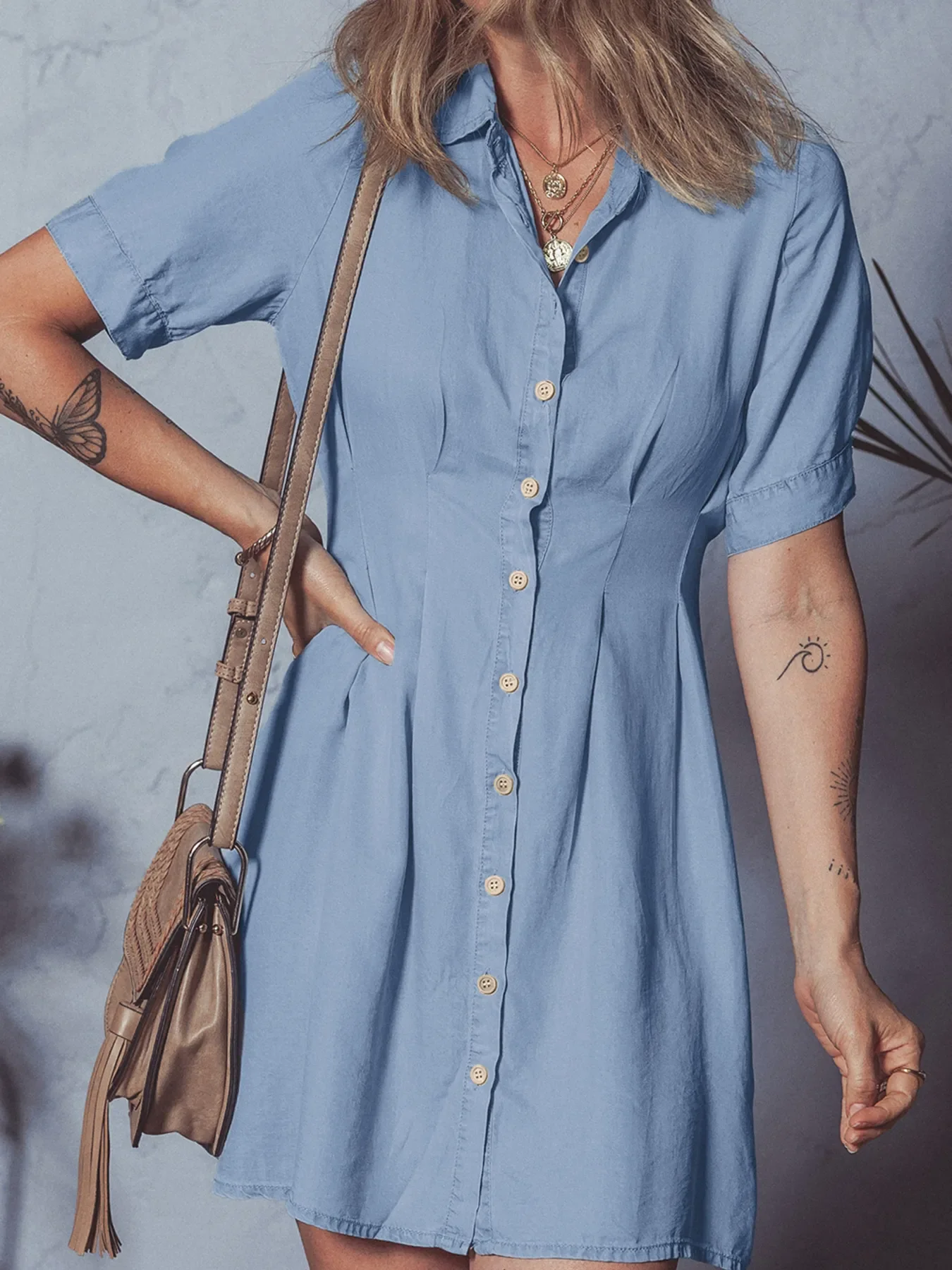 Denim Pleated Slim Waist Short Sleeve Shirt Dress - Image 6