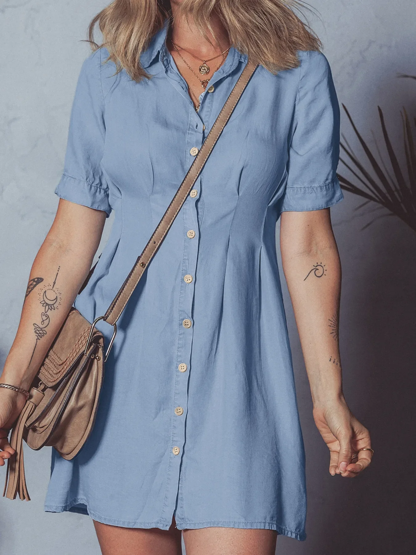 Denim Pleated Slim Waist Short Sleeve Shirt Dress - Image 7
