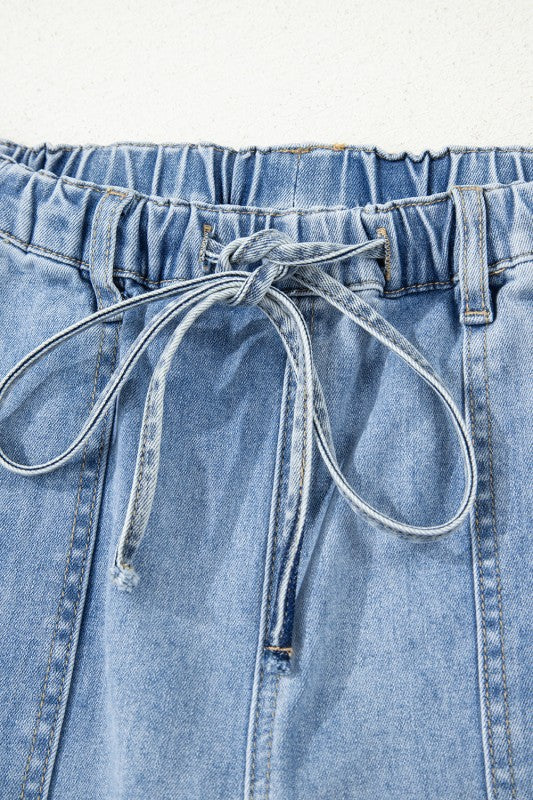Denim Raw Hem Drawstring Wide Leg Pants - Image 8