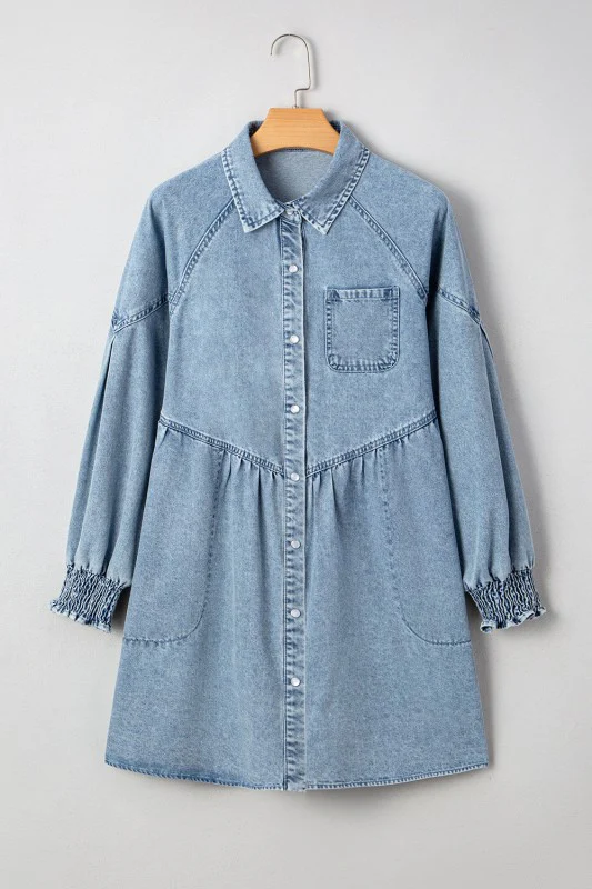 Denim Smocked Cuffs Shirt Mini Dress - Image 3