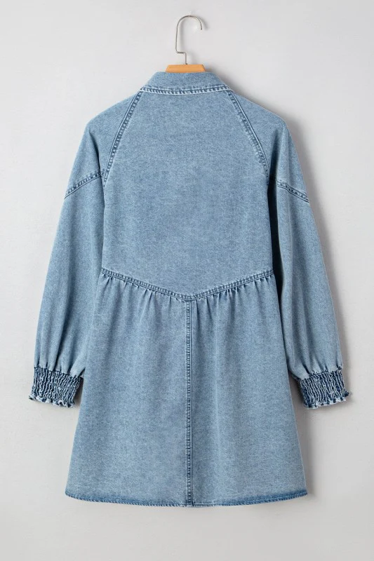 Denim Smocked Cuffs Shirt Mini Dress - Image 4