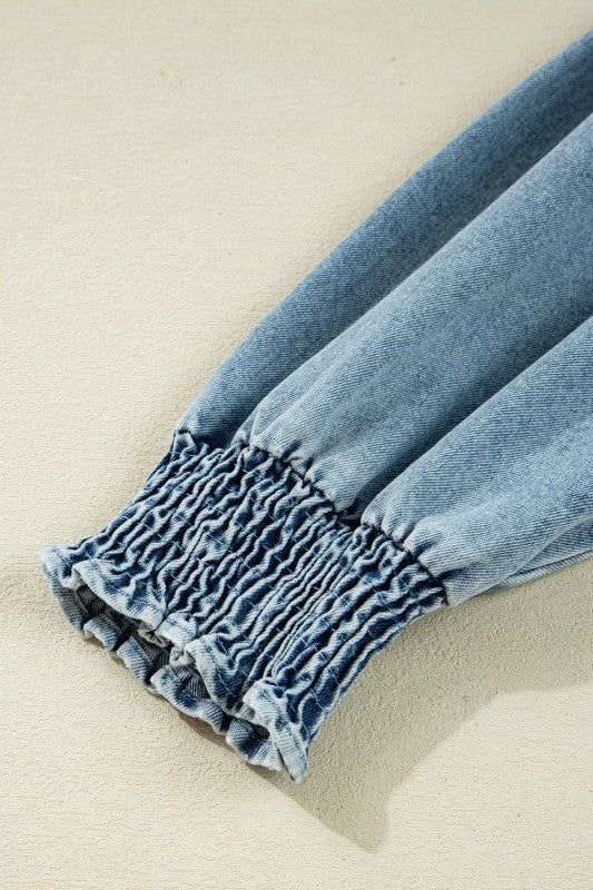Denim Smocked Cuffs Shirt Mini Dress - Image 6