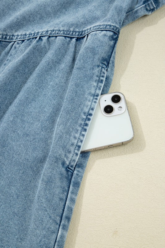 Denim Smocked Cuffs Shirt Mini Dress - Image 7