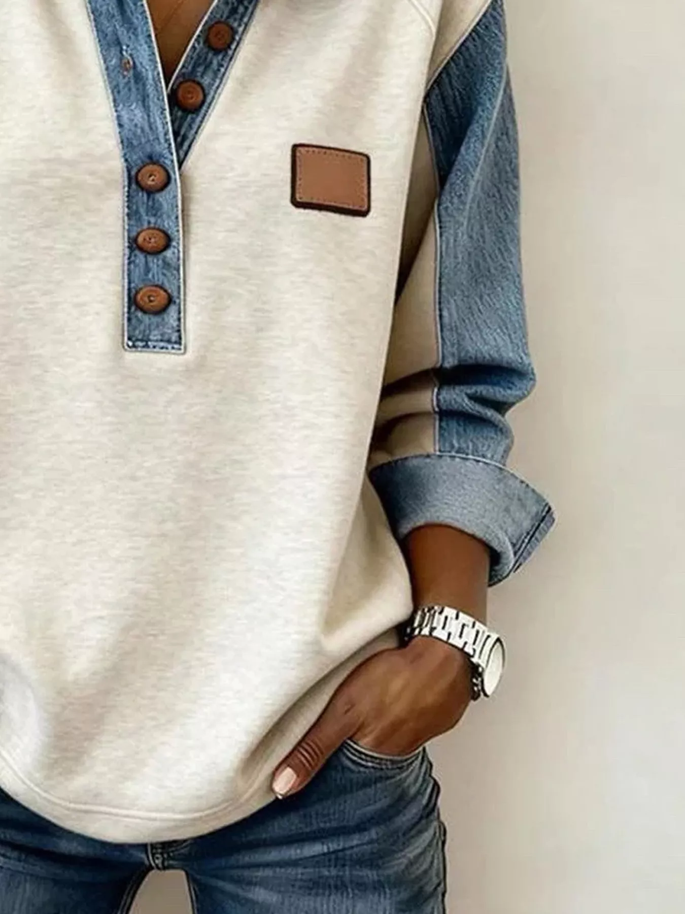 Denim Trim Button Detail Sweatshirt - Image 2