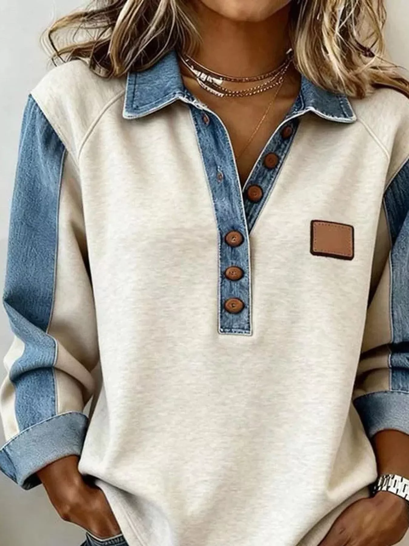 Denim Trim Button Detail Sweatshirt - Image 3