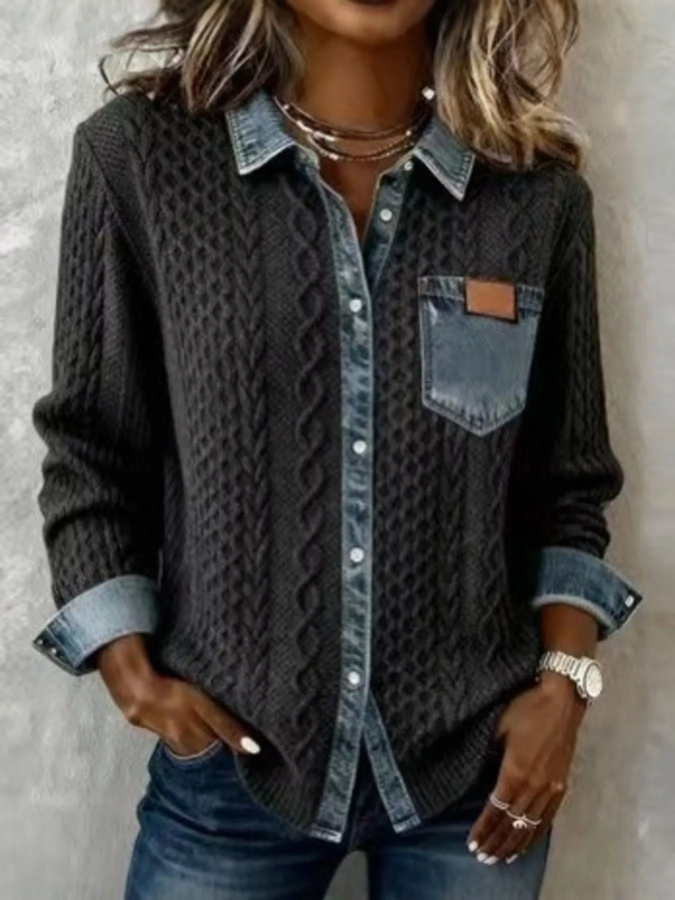 Denim Trim Cable Knit Cardigan - Image 5