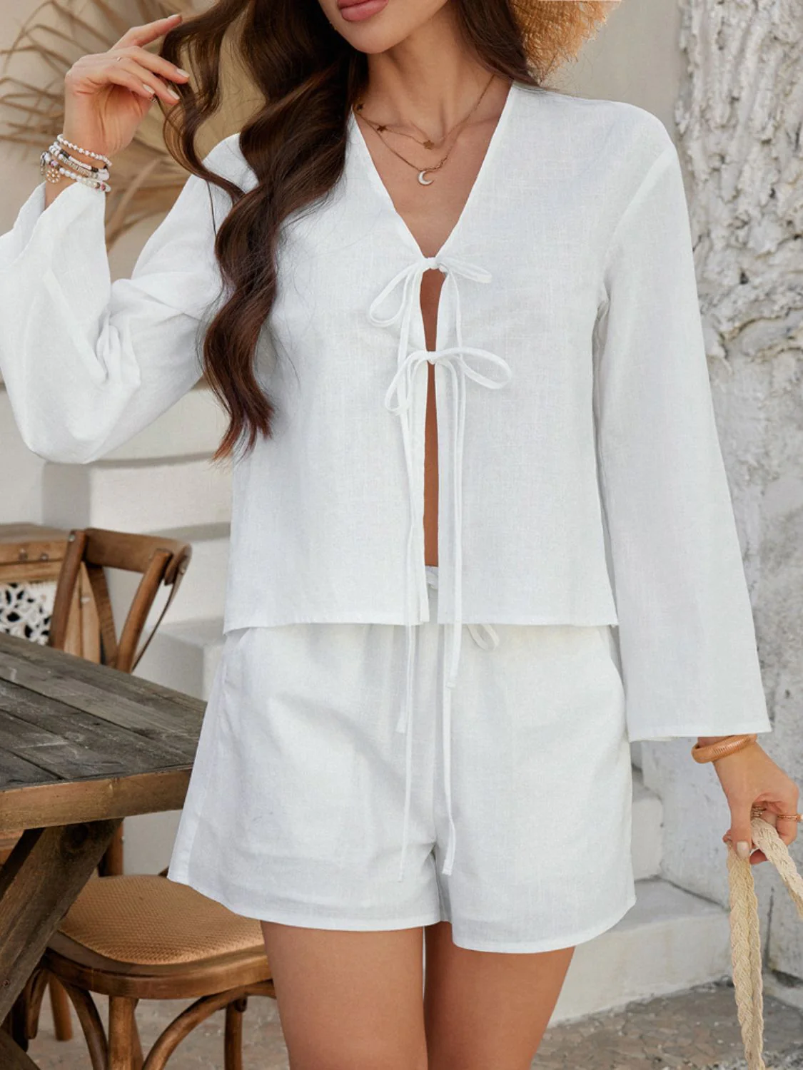 Devine Double Tied V-Neck Top and Shorts Set - Image 11