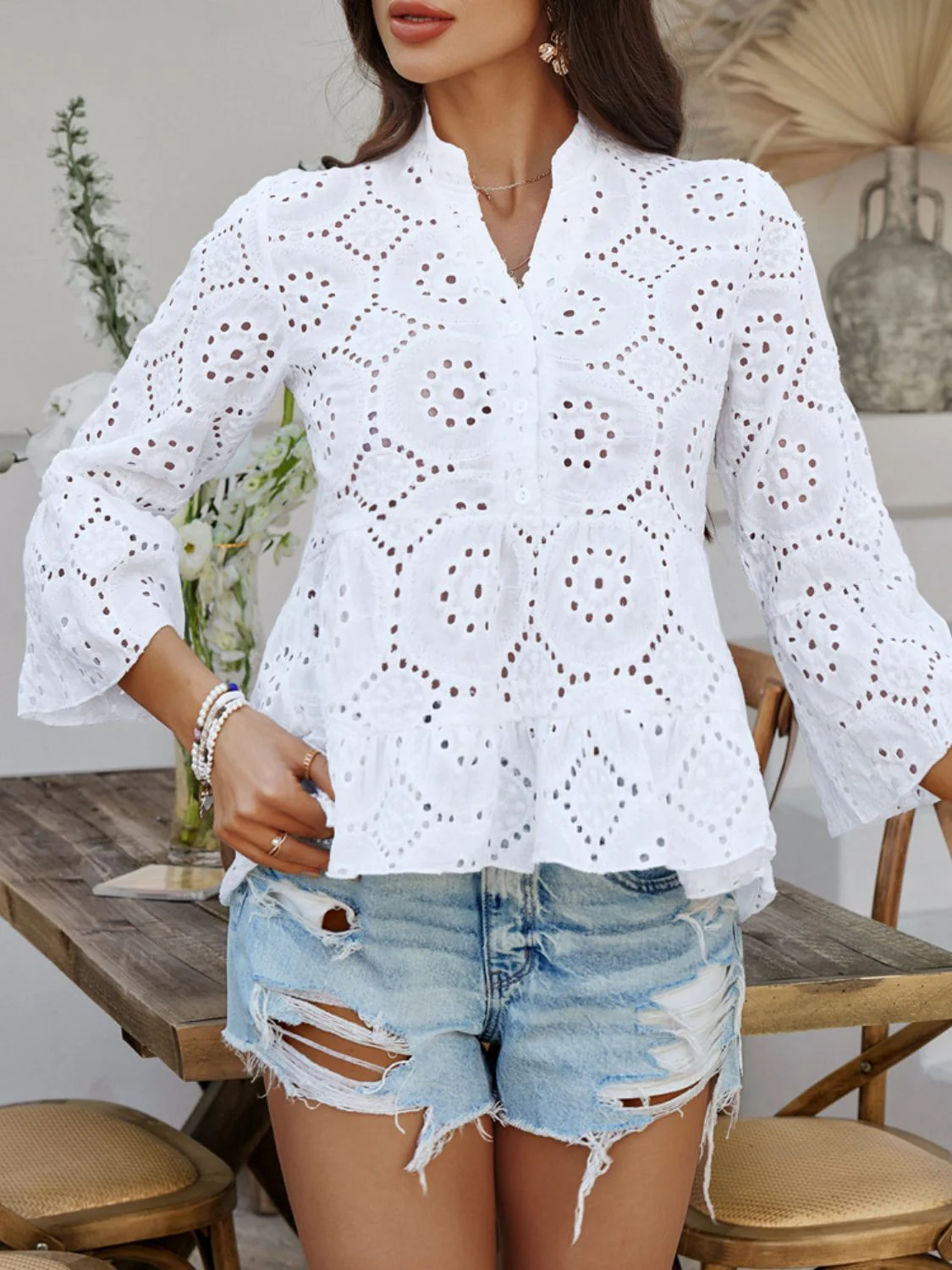 Devine Half Button Flounce Sleeve Peplum Blouse - Image 13