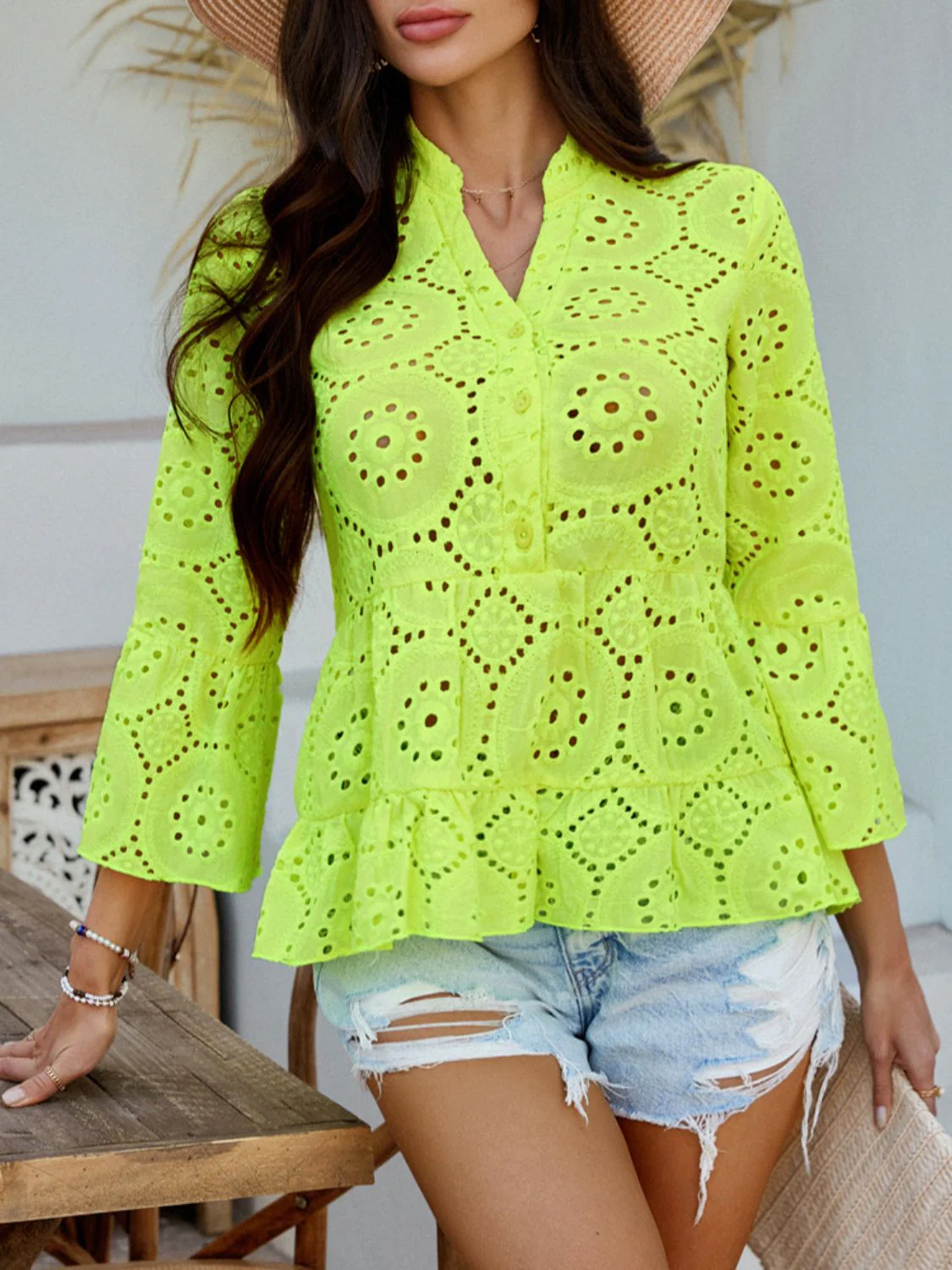 Devine Half Button Flounce Sleeve Peplum Blouse - Image 19