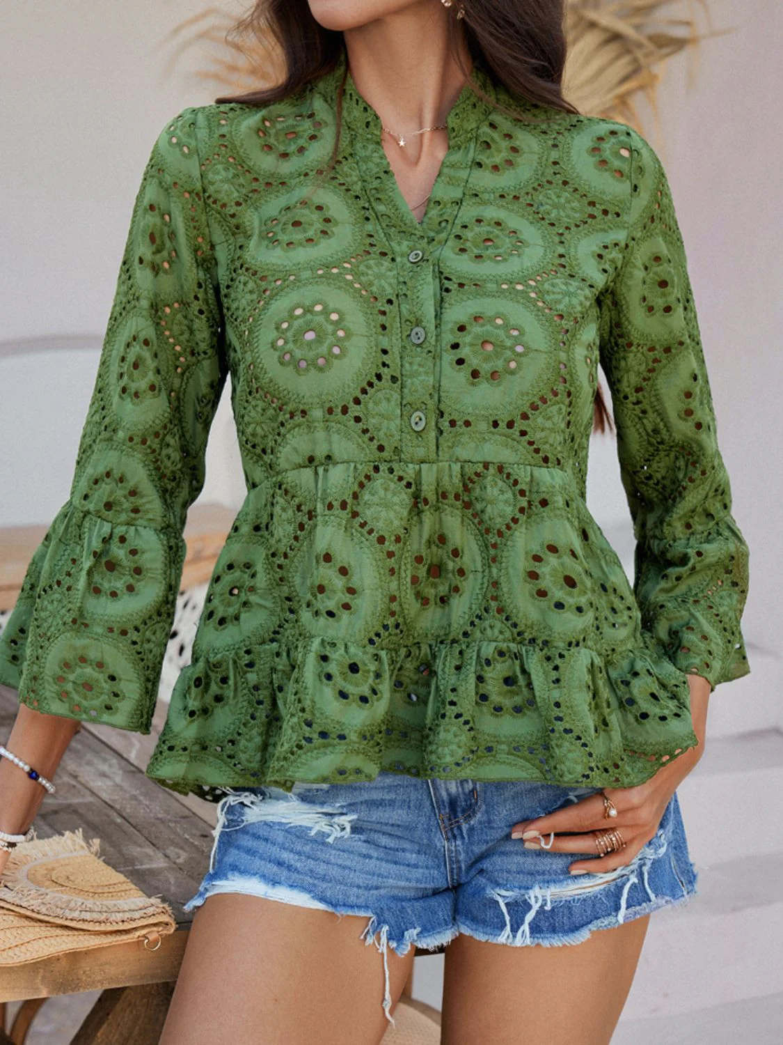 Devine Half Button Flounce Sleeve Peplum Blouse - Image 2