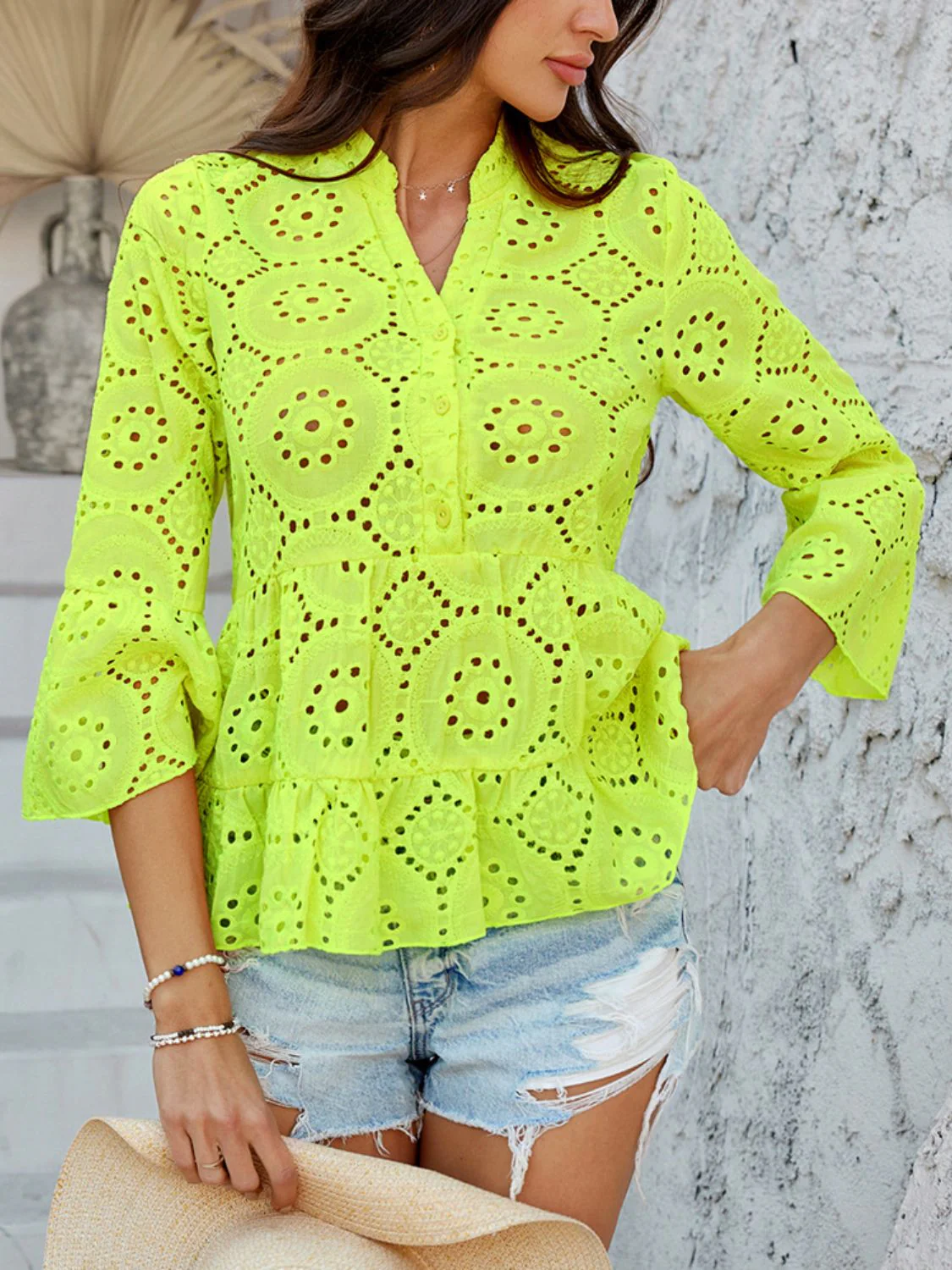 Devine Half Button Flounce Sleeve Peplum Blouse - Image 23