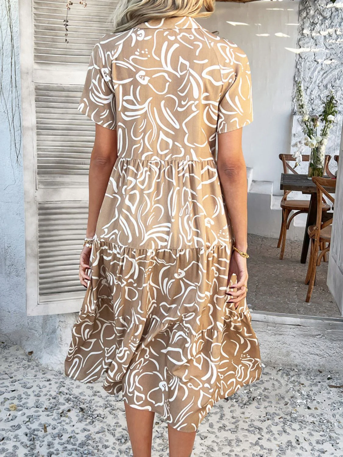 Devine Printed Johnny Collar Button Down Short Sleeve Midi Shirt Dress - Image 12