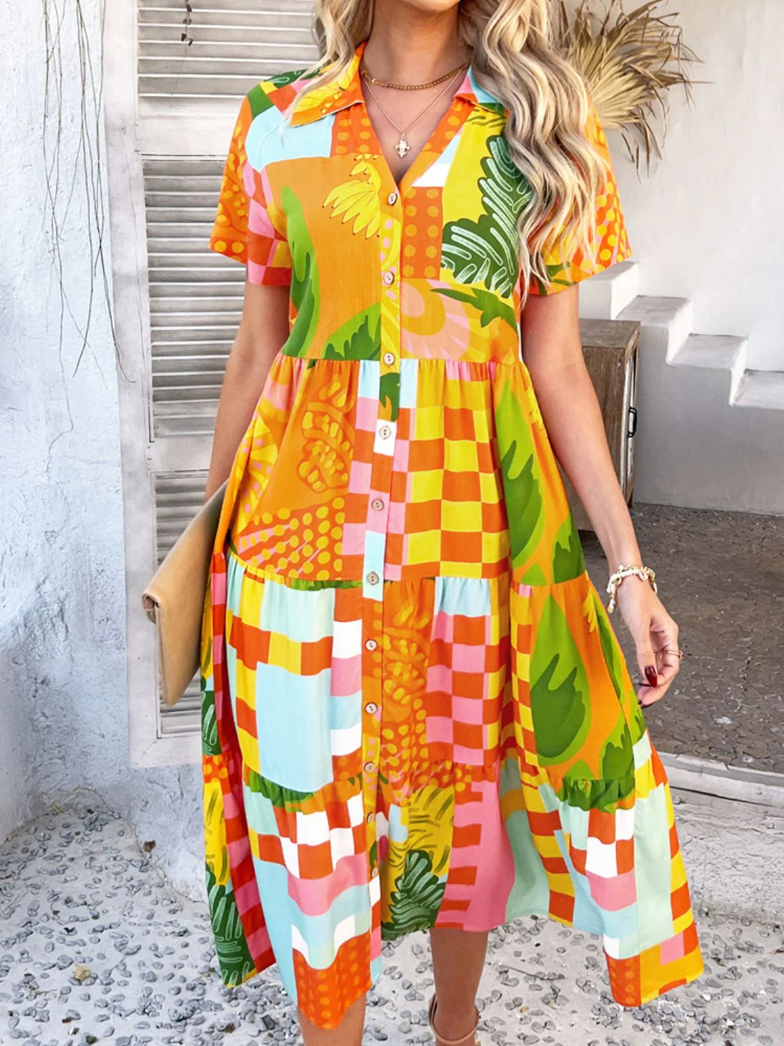 Devine Printed Johnny Collar Button Down Short Sleeve Midi Shirt Dress - Image 13