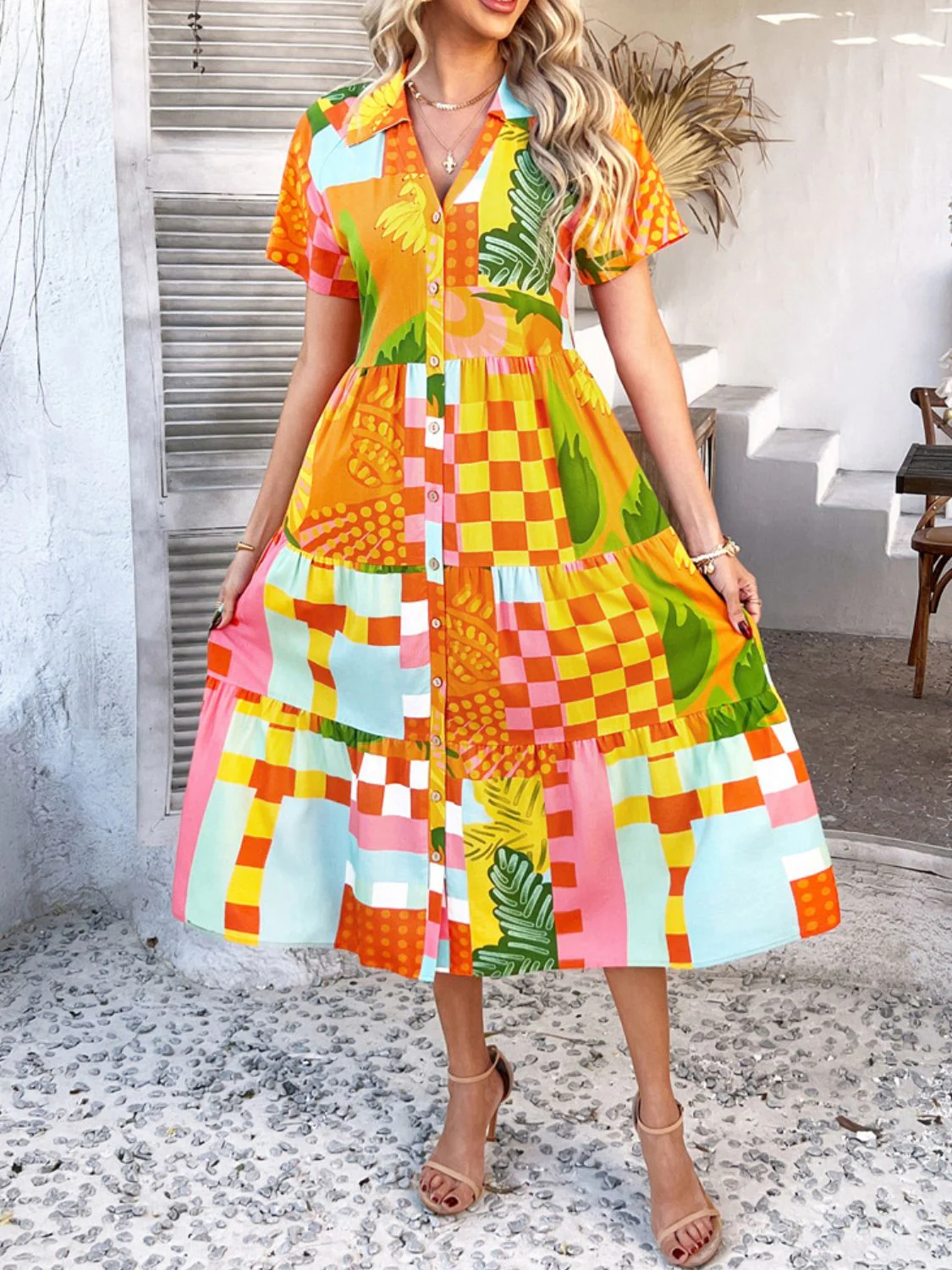Devine Printed Johnny Collar Button Down Short Sleeve Midi Shirt Dress - Image 16