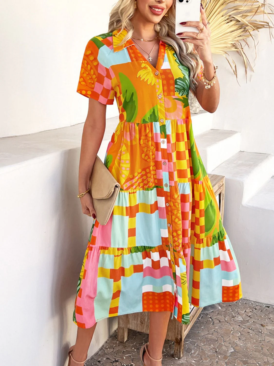 Devine Printed Johnny Collar Button Down Short Sleeve Midi Shirt Dress - Image 17