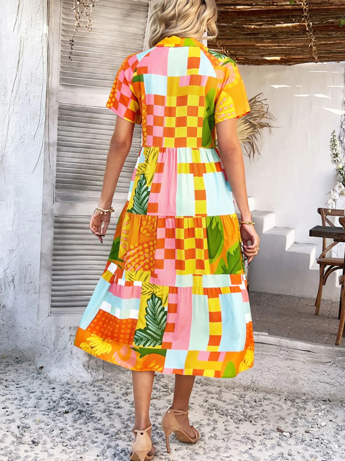 Devine Printed Johnny Collar Button Down Short Sleeve Midi Shirt Dress - Image 18