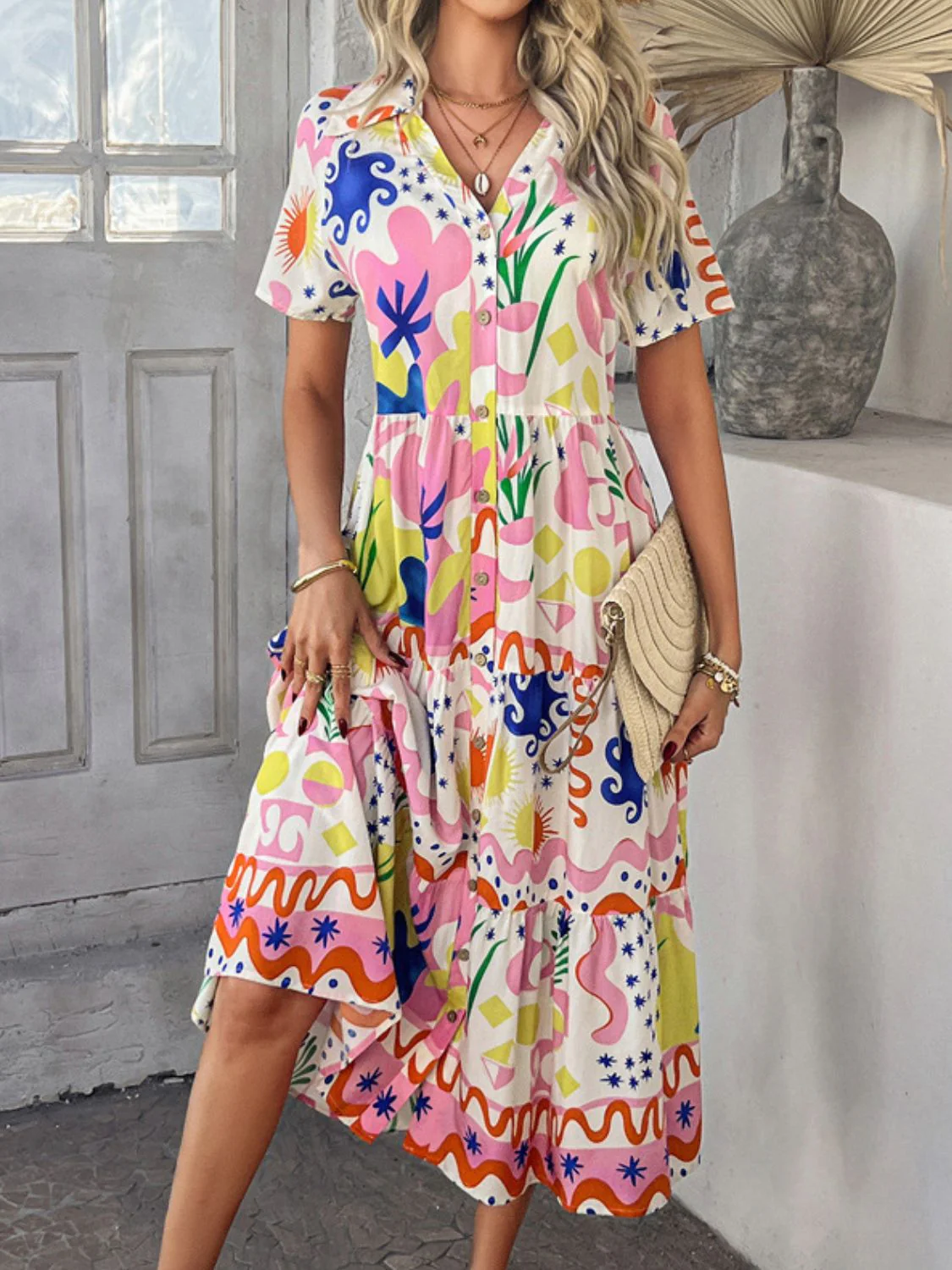 Devine Printed Johnny Collar Button Down Short Sleeve Midi Shirt Dress - Image 22