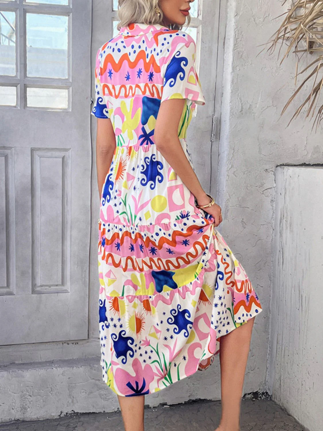 Devine Printed Johnny Collar Button Down Short Sleeve Midi Shirt Dress - Image 23