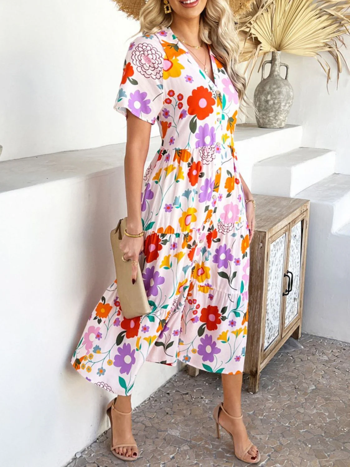 Devine Printed Johnny Collar Button Down Short Sleeve Midi Shirt Dress - Image 3