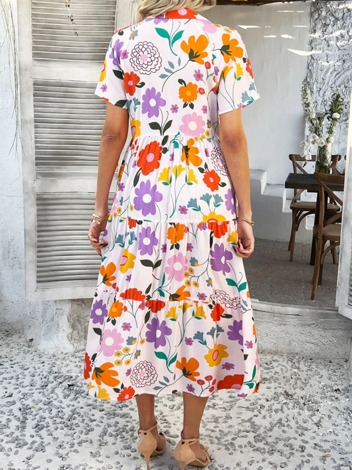Devine Printed Johnny Collar Button Down Short Sleeve Midi Shirt Dress - Image 6