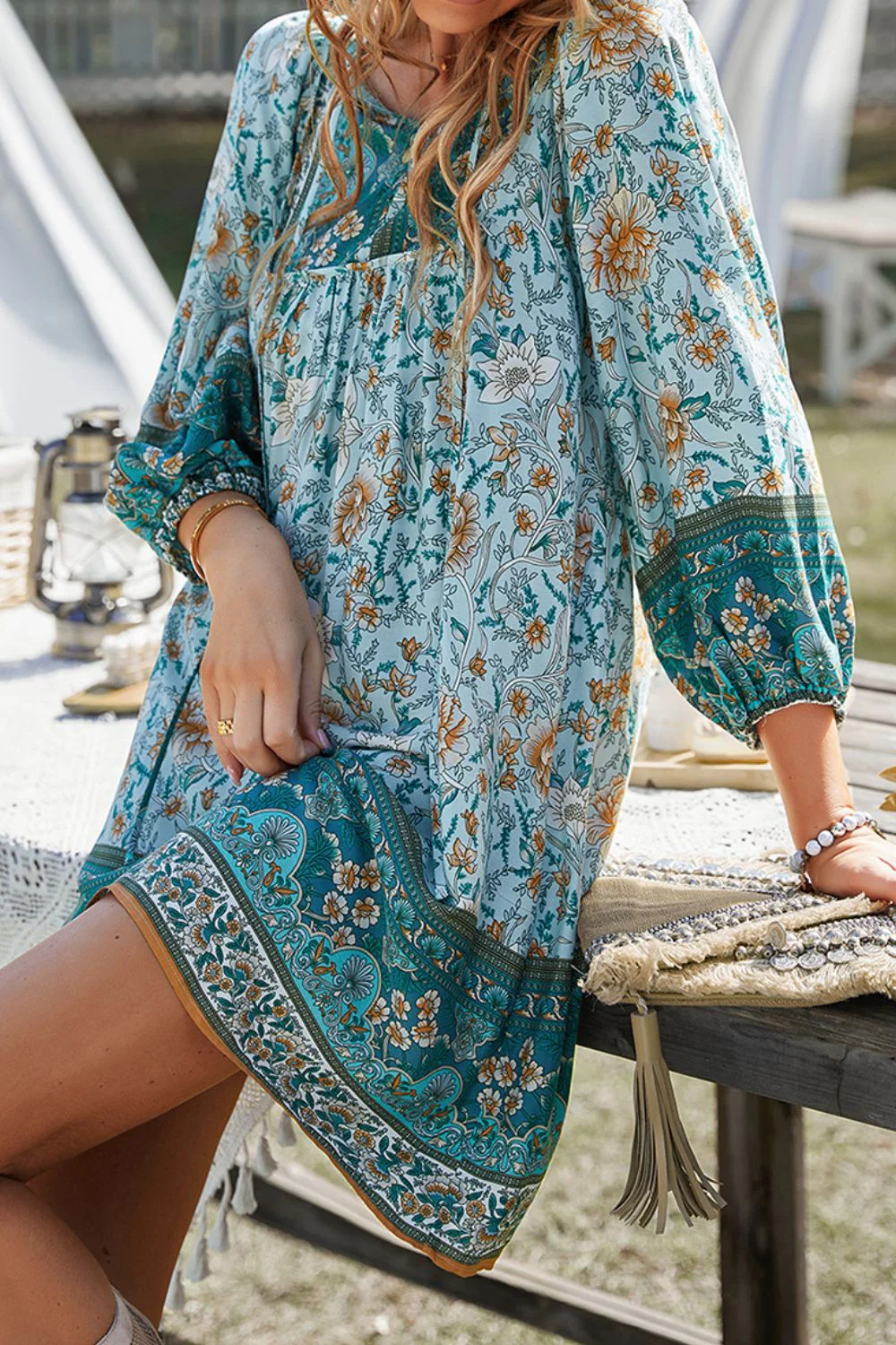 Devine Printed Tie Neck Mini Dress - Image 4