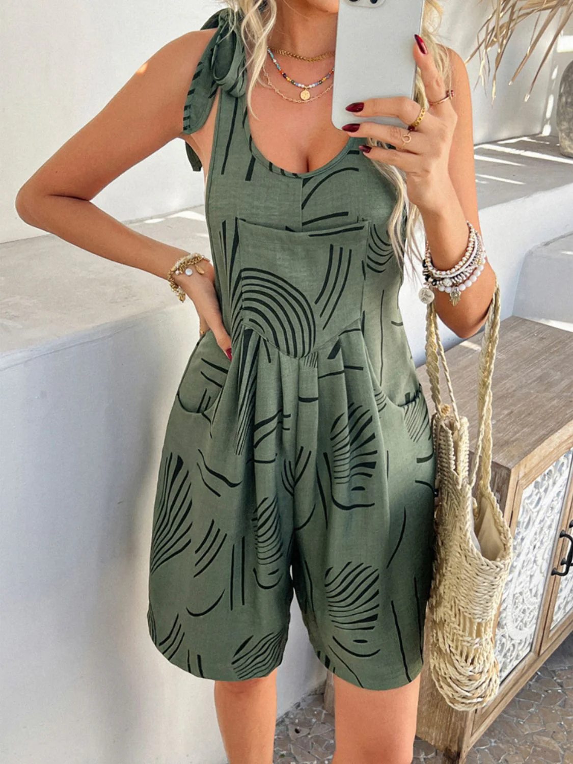 Devine Printed Tie Shoulder Overalls with Pockets - Image 10