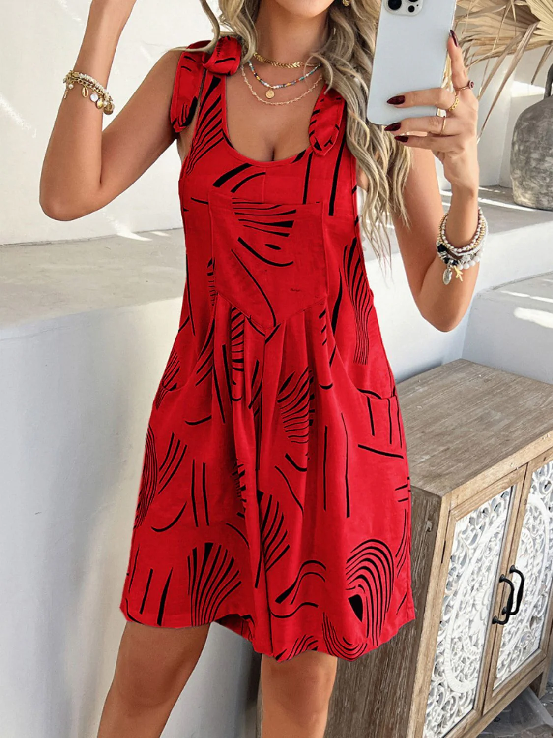 Devine Printed Tie Shoulder Overalls with Pockets - Image 15
