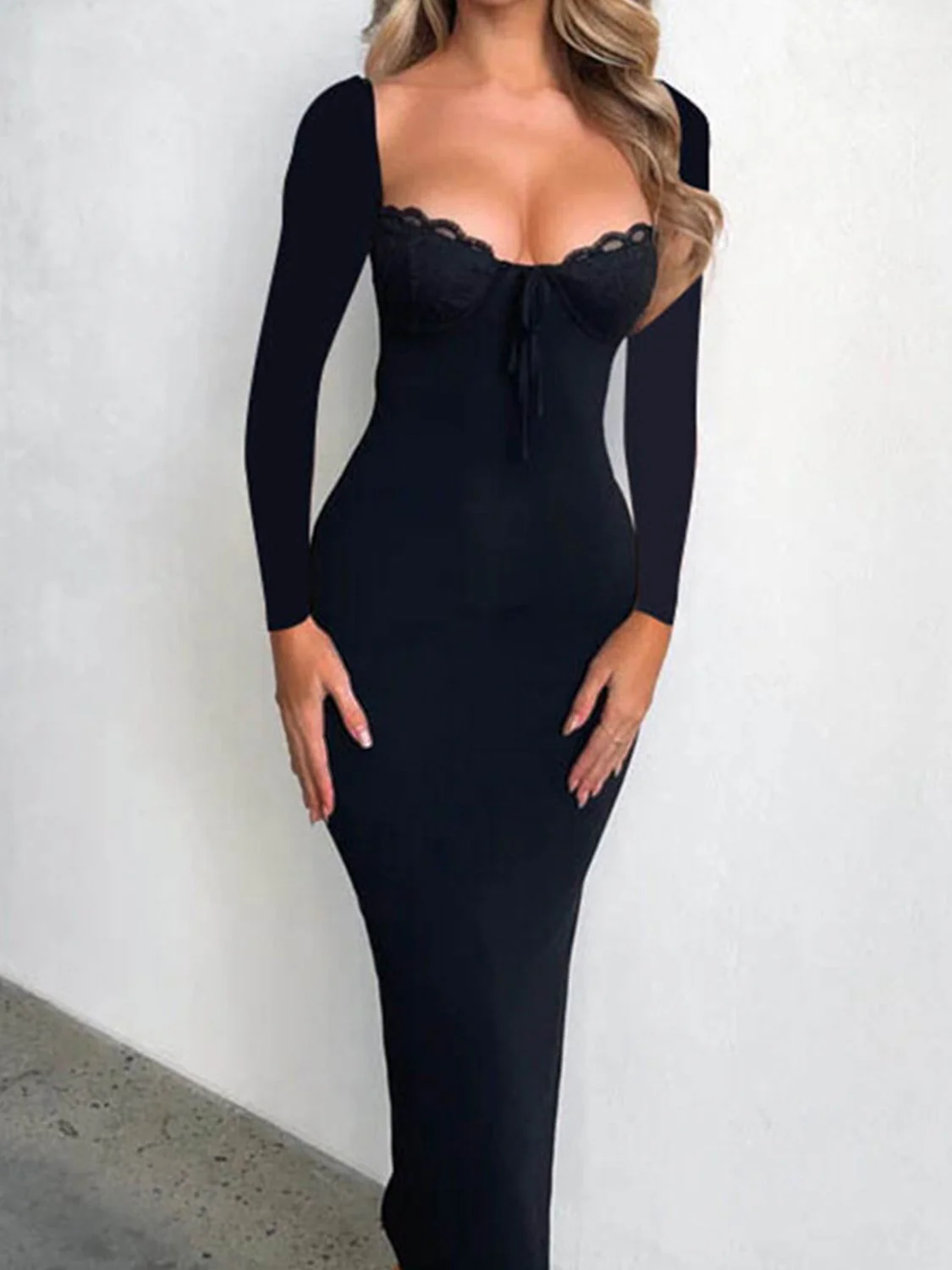 Devine Slit Lace Detail Sweetheart Neck Long Sleeve Maxi Dress - Image 6