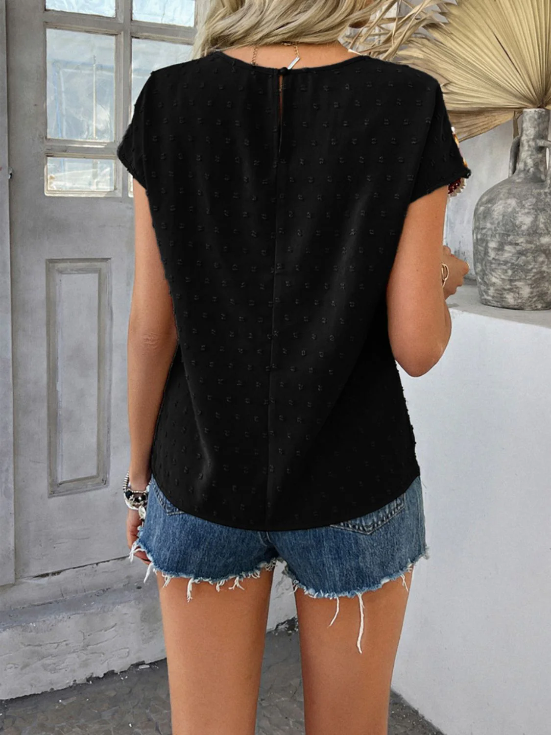 Devine Swiss Dot Round Neck Crochet Short Sleeve Top - Image 21